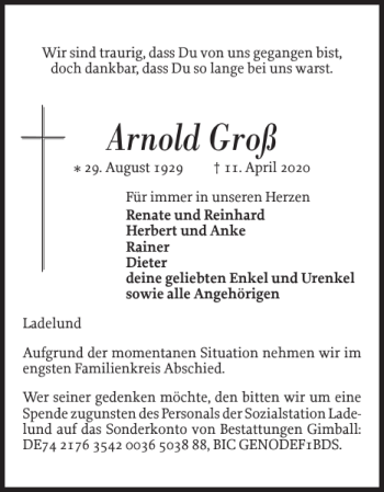 Traueranzeige von Arnold Groß von Flensburger Tageblatt