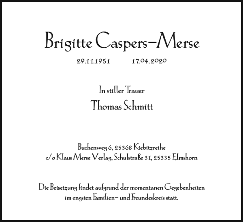  Traueranzeige für Brigitte Caspers-Merse vom 22.04.2020 aus Norddeutsche Rundschau