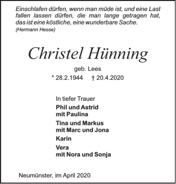 Traueranzeige von Christel Hünning von Holsteinischer Courier