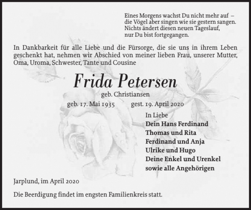  Traueranzeige für Frida Petersen vom 22.04.2020 aus Flensburger Tageblatt