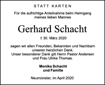 Traueranzeige von Gerhard Schacht von Holsteinischer Courier