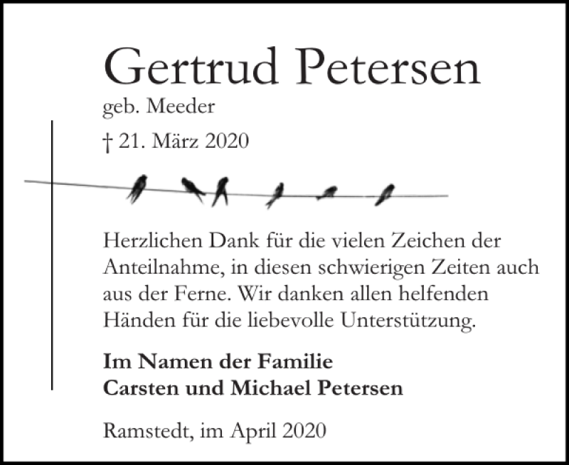  Traueranzeige für Gertrud Petersen vom 18.04.2020 aus Husumer Nachrichten
