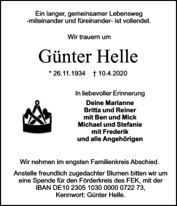 Traueranzeige von Günter Helle von Holsteinischer Courier