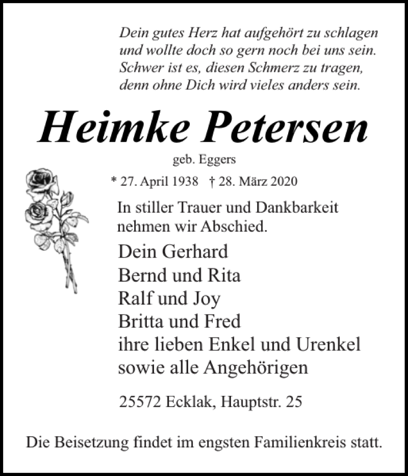  Traueranzeige für Heimke Petersen vom 02.04.2020 aus Norddeutsche Rundschau