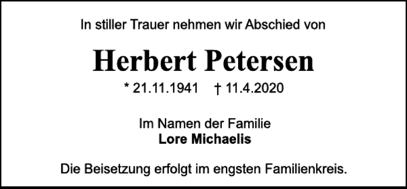  Traueranzeige für Herbert Petersen vom 18.04.2020 aus Holsteinischer Courier
