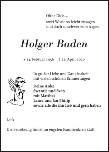 Traueranzeige von Holger Baden von Nordfriesland Tageblatt