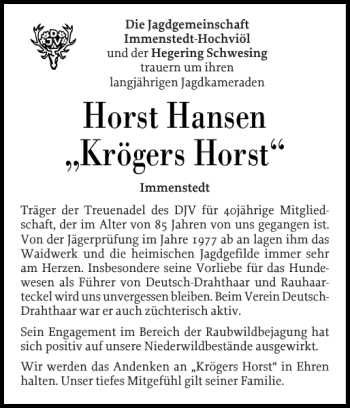 Traueranzeige von Horst Hansen Krögers Horst von Husumer Nachrichten