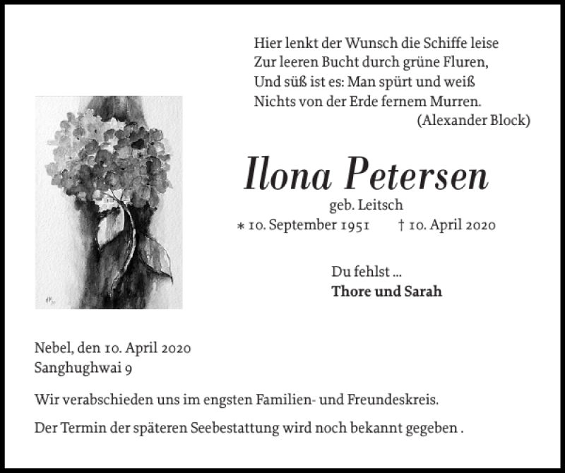  Traueranzeige für Ilona Petersen vom 18.04.2020 aus Der Insel-Bote