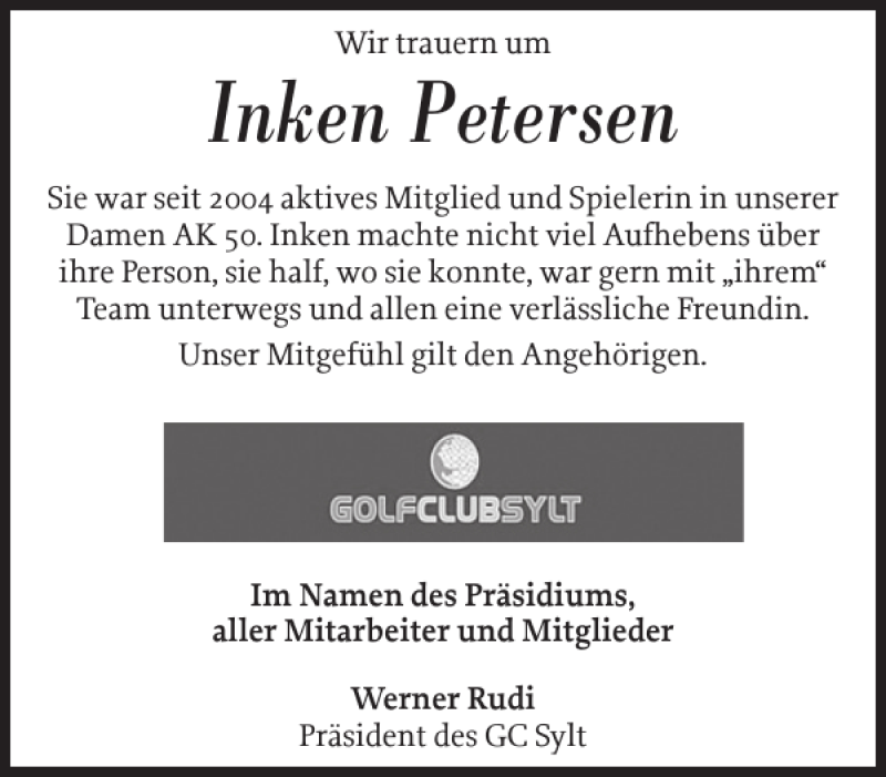  Traueranzeige für Inken Petersen vom 11.04.2020 aus Sylter Rundschau