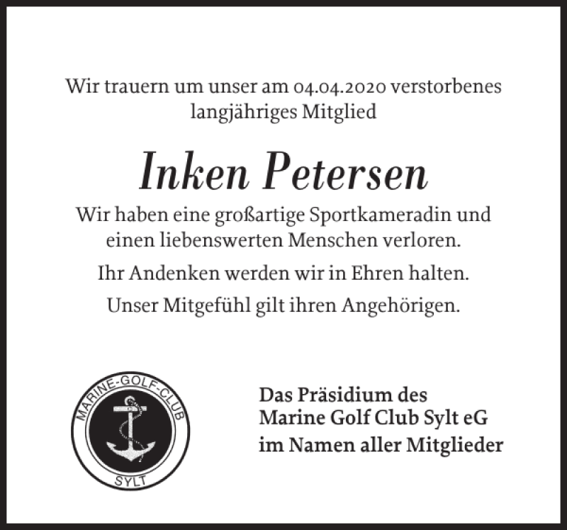  Traueranzeige für Inken Petersen vom 15.04.2020 aus Sylter Rundschau