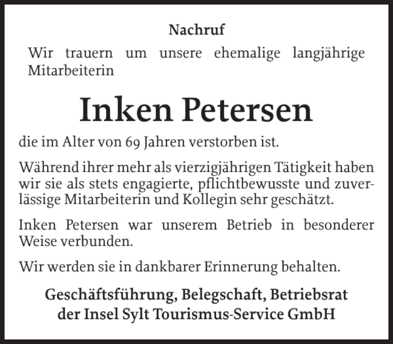  Traueranzeige für Inken Petersen vom 17.04.2020 aus Sylter Rundschau