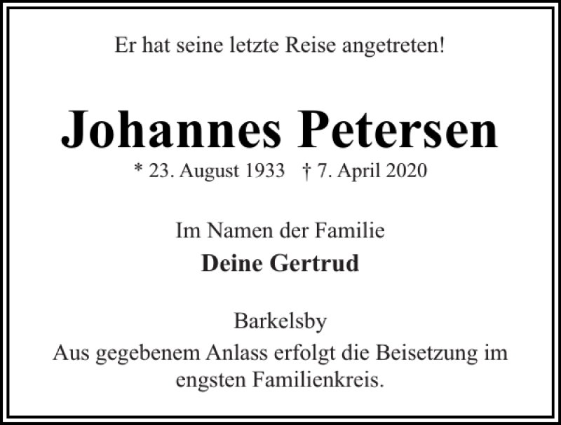  Traueranzeige für Johannes Petersen vom 15.04.2020 aus Eckernförder Zeitung