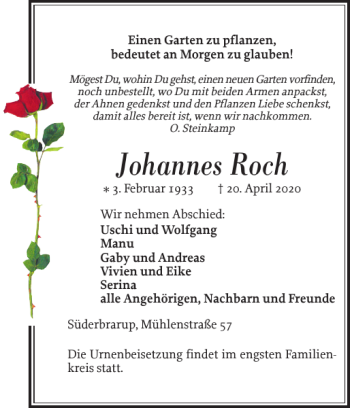 Traueranzeige von Johannes Roch von Schleswiger Nachrichten