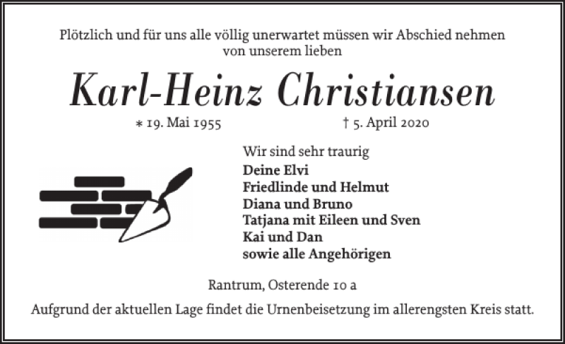  Traueranzeige für Karl-Heinz Christiansen vom 11.04.2020 aus Husumer Nachrichten