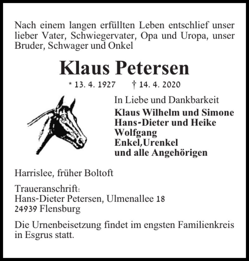  Traueranzeige für Klaus Petersen vom 18.04.2020 aus Flensburger Tageblatt