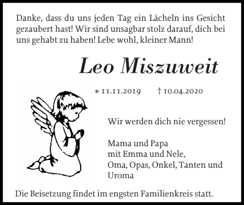  Traueranzeige für Leo Miszuweit vom 17.04.2020 aus Norddeutsche Rundschau