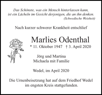 Traueranzeige von Marlies Odenthal von Wedel-Schulauer Tageblatt