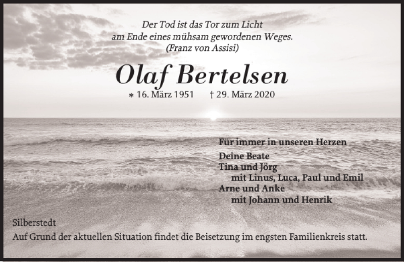  Traueranzeige für Olaf Bertelsen vom 01.04.2020 aus Schleswiger Nachrichten