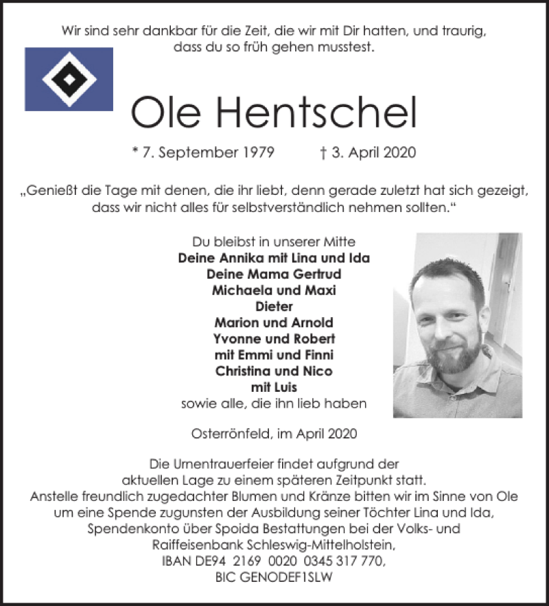  Traueranzeige für Ole Hentschel vom 11.04.2020 aus Landeszeitung