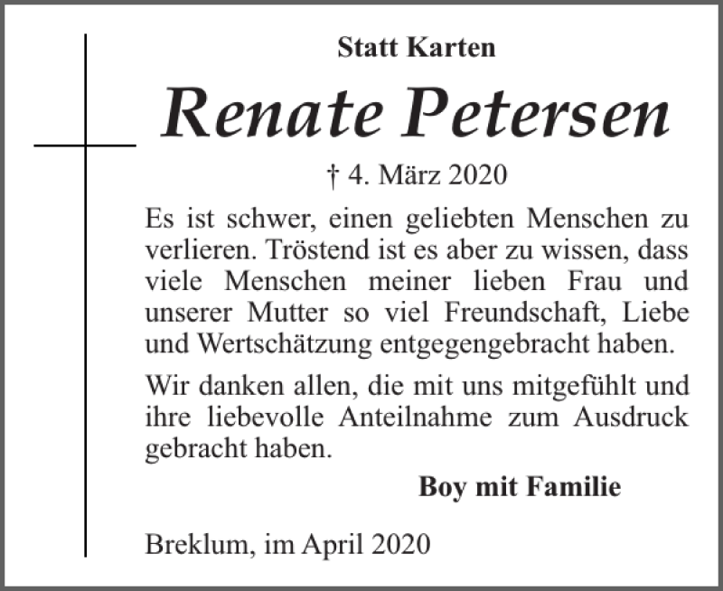  Traueranzeige für Renate Petersen vom 11.04.2020 aus Husumer Nachrichten