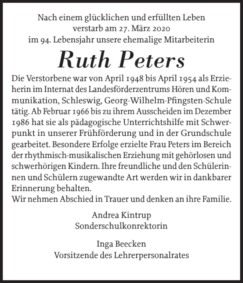  Traueranzeige für Ruth Peters vom 08.04.2020 aus Schleswiger Nachrichten