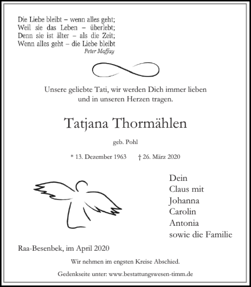  Traueranzeige für Tatjana Thormählen vom 04.04.2020 aus Elmshorner Nachrichten