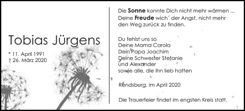  Traueranzeige für Tobias Jürgens vom 01.04.2020 aus Landeszeitung