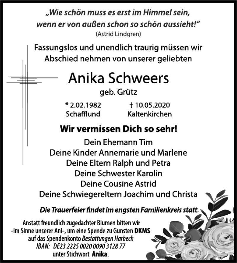  Traueranzeige für Anika Schweers vom 20.05.2020 aus Flensburger Tageblatt