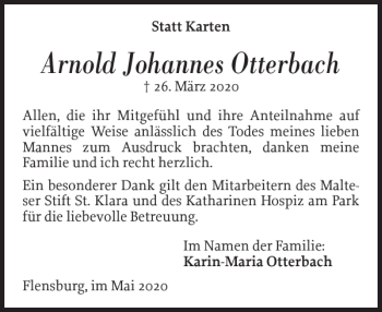 Traueranzeige von Arnold Johannes Otterbach von Flensburger Tageblatt