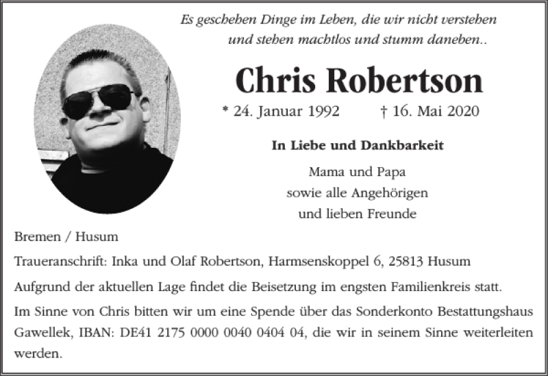  Traueranzeige für Chris Robertson vom 23.05.2020 aus Husumer Nachrichten