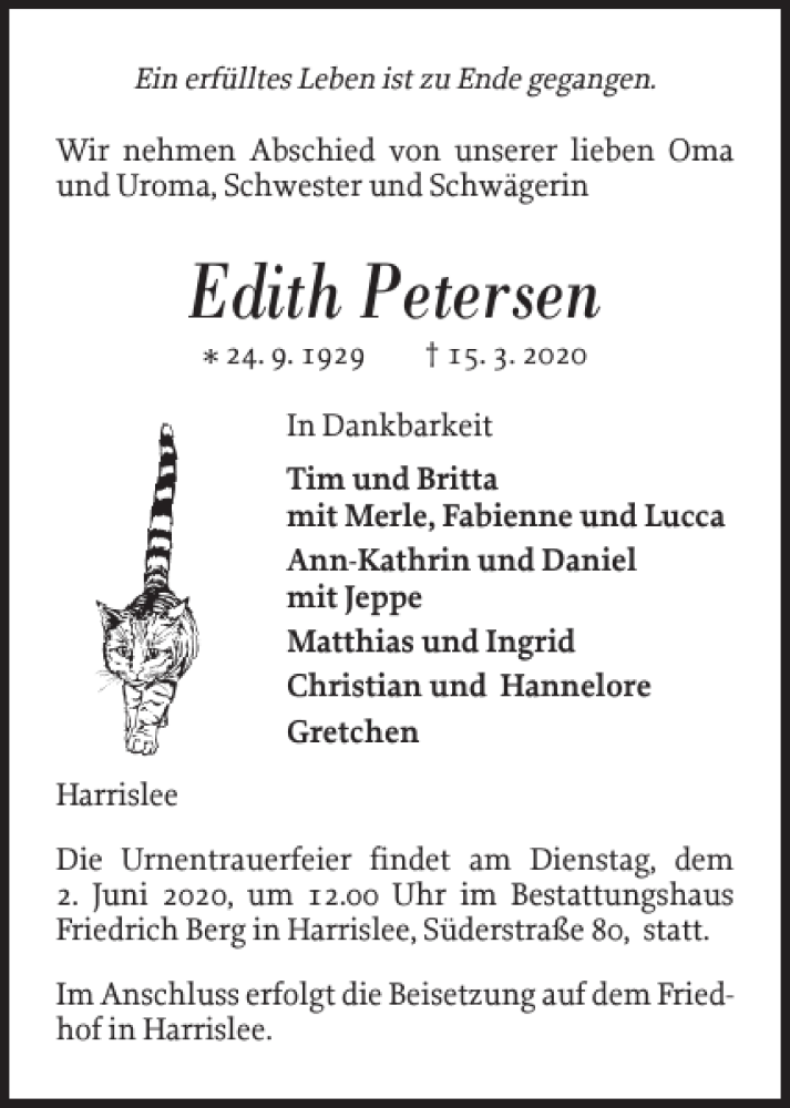  Traueranzeige für Edith Petersen vom 26.05.2020 aus Flensburger Tageblatt