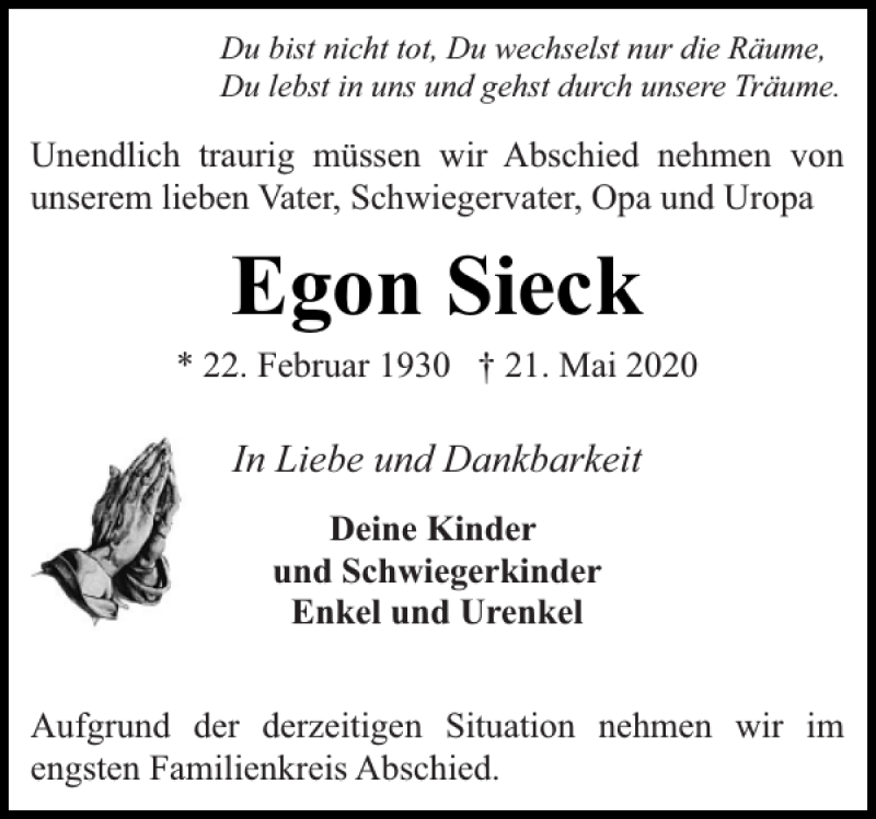  Traueranzeige für Egon Sieck vom 30.05.2020 aus Flensburger Tageblatt