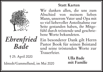 Traueranzeige von Ehrenfried Bade von Flensburger Tageblatt