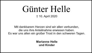 Traueranzeige von Günter Helle von Holsteinischer Courier