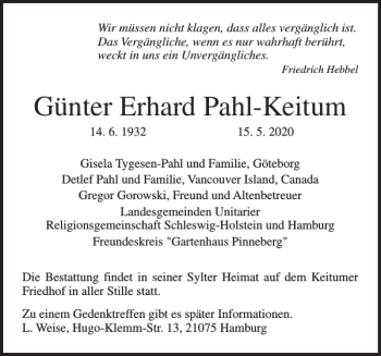 Traueranzeige von Günter Erhard Pahl-Keitum von Pinneberger Tageblatt