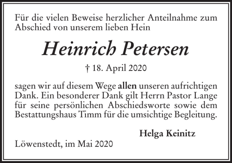  Traueranzeige für Heinrich Petersen vom 09.05.2020 aus Husumer Nachrichten