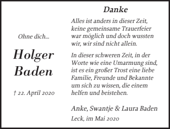 Traueranzeige von Holger Baden von Nordfriesland Tageblatt