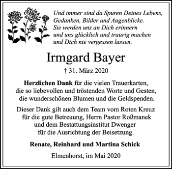 Traueranzeige von Irmgard Bayer von Stormarner Tageblatt
