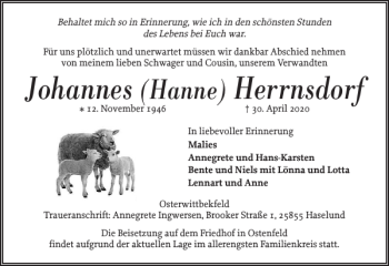 Traueranzeige von Johannes Herrnsdorf von Husumer Nachrichten