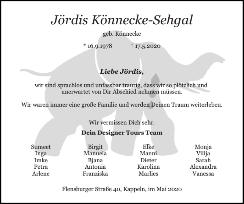  Traueranzeige für Jördis Könnecke-Sehgal vom 23.05.2020 aus Flensburger Tageblatt