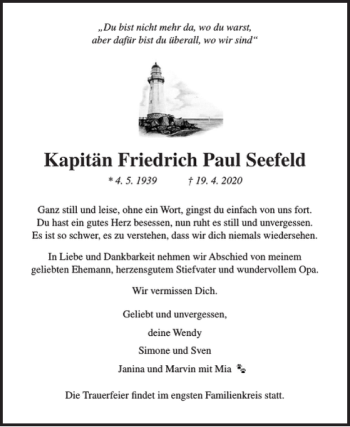 Traueranzeige von Kapitän Friedrich Paul Seefeld von Elmshorner Nachrichten