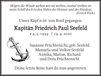 Traueranzeige von Kapitän Friedrich Paul Seefeld von Elmshorner Nachrichten