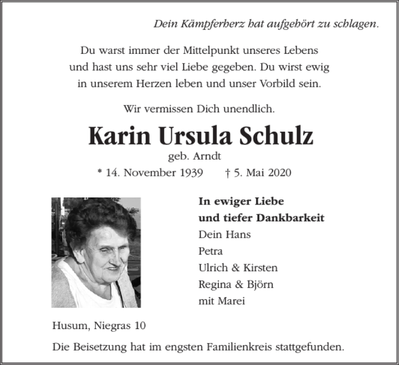  Traueranzeige für Karin Ursula Schulz vom 13.05.2020 aus Husumer Nachrichten
