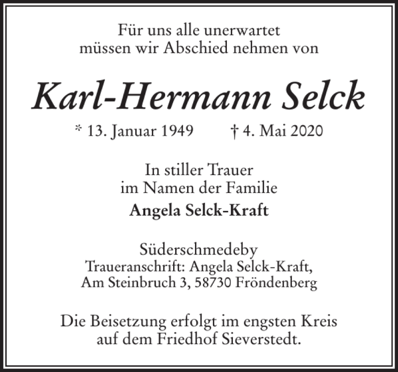  Traueranzeige für Karl-Hermann Selck vom 07.05.2020 aus Flensburger Tageblatt
