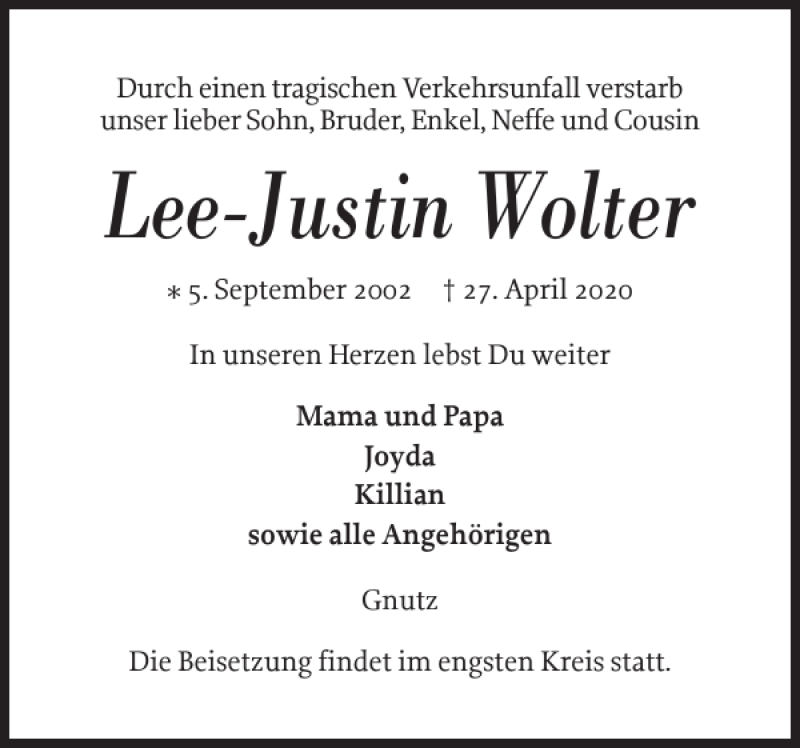  Traueranzeige für Lee-Justin Wolter vom 09.05.2020 aus Landeszeitung