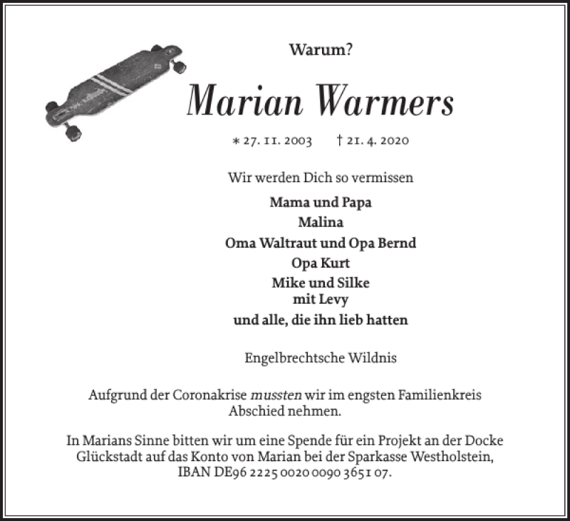  Traueranzeige für Marian Warmers vom 18.05.2020 aus Norddeutsche Rundschau