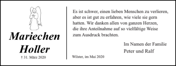 Traueranzeige von Mariechen Holler von Norddeutsche Rundschau