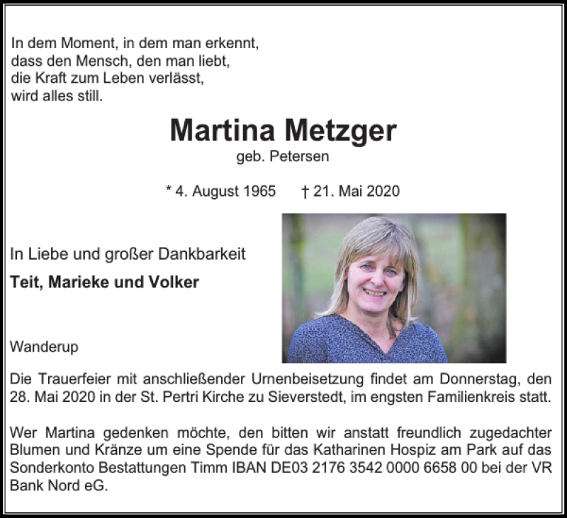  Traueranzeige für Martina Metzger vom 25.05.2020 aus Flensburger Tageblatt