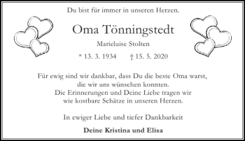 Traueranzeige von Oma Tönningstedt von Stormarner Tageblatt