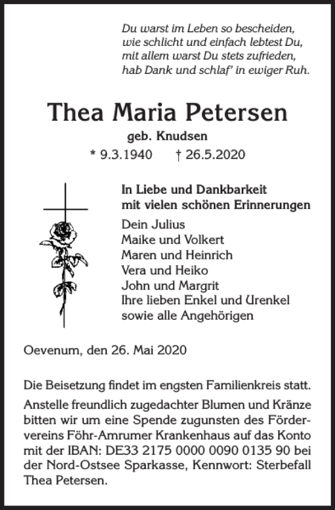  Traueranzeige für Thea Maria Petersen vom 28.05.2020 aus Der Insel-Bote